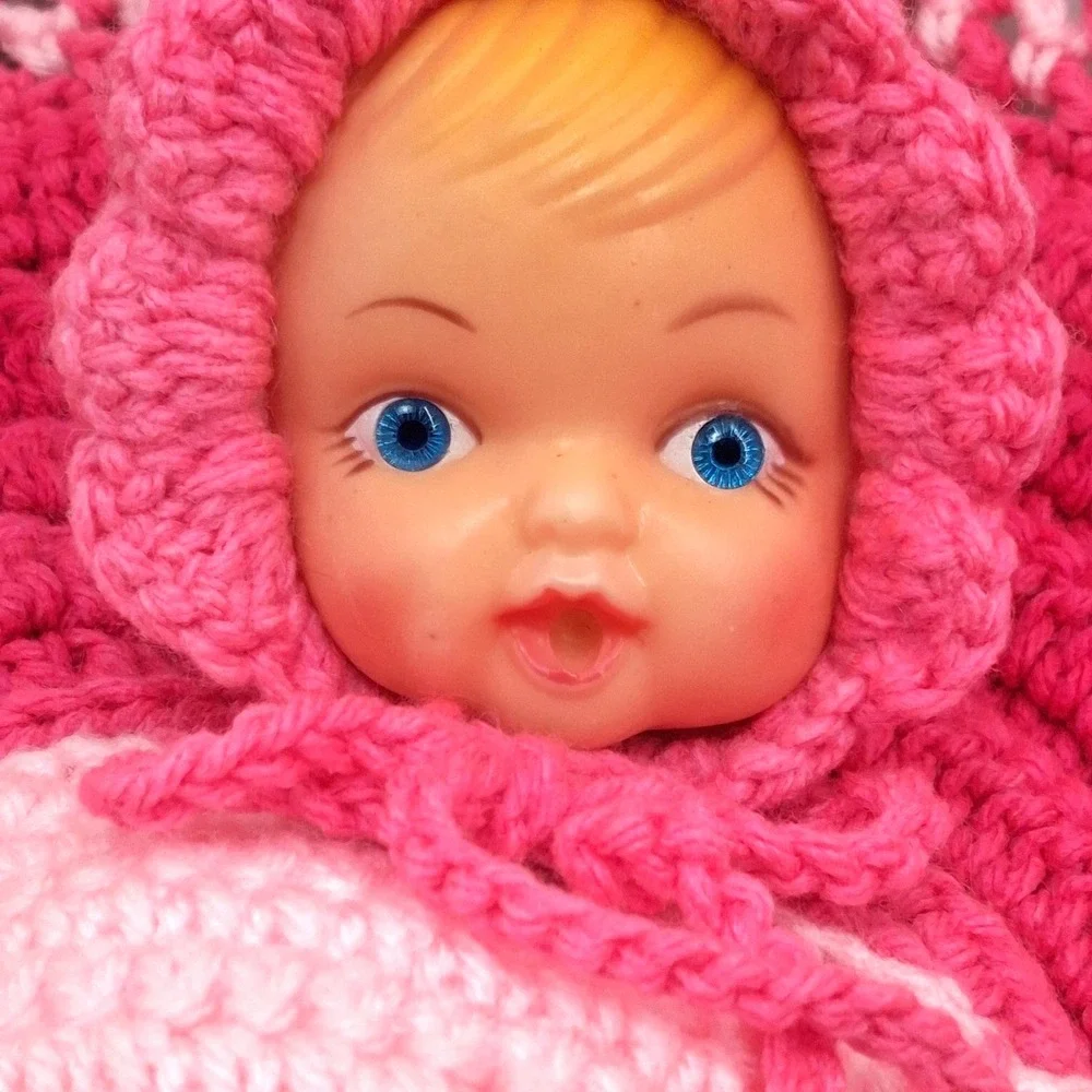 Vintage Crocheted Baby Doll In Blanket Pink and White Rubber Face Hands Granny